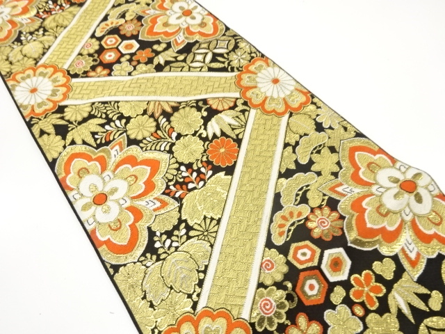 JAPANESE KIMONO / ANTIQUE FUKURO OBI / WOVEN FLORAL CREST & UME